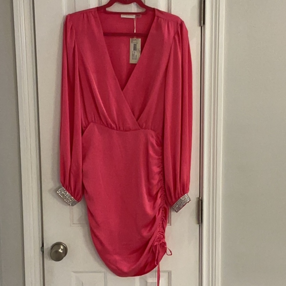 Ramy Brook Hot Pink Ruched Wrap Mini Dress w/ Rhinestone Cuffs